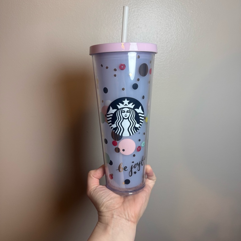 Starbucks Be Joyful Tumbler Cup 24oz Venti Polka Dot w/ Pink Lid
